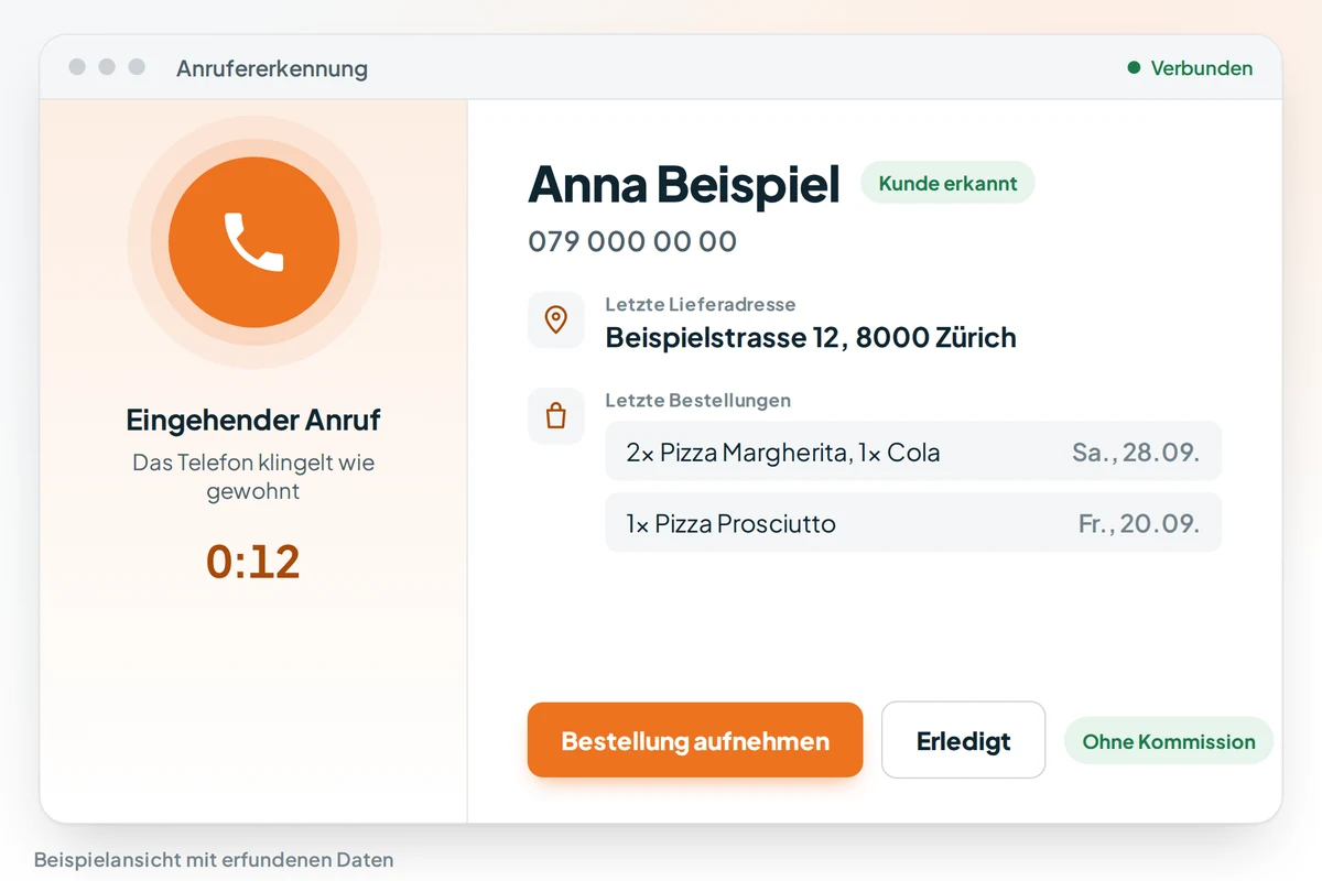 Anrufererkennung im Restaurant: Eingehender Anruf zeigt Name, letzte Lieferadresse und letzte Bestellungen des Anrufers