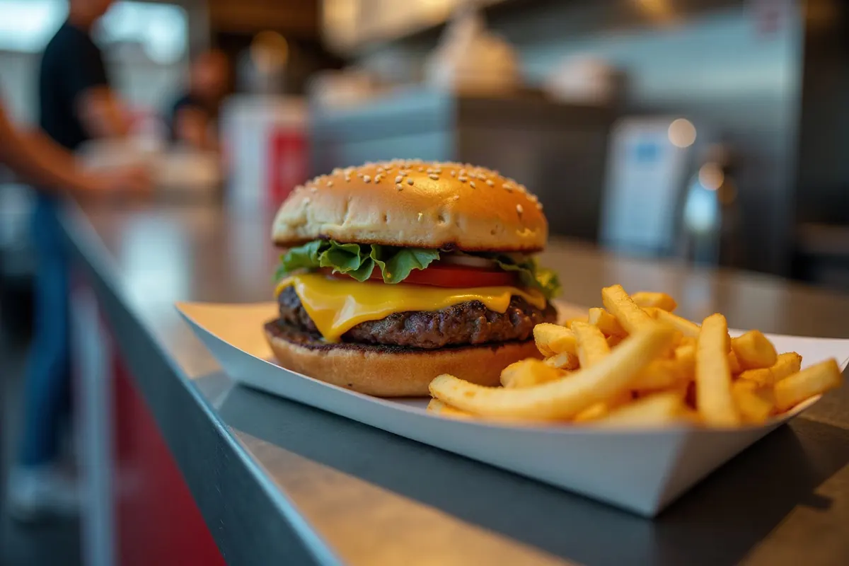 Burger mit Pommes an der Theke eines Imbiss: Bestellsystem für Imbiss und Snackbar