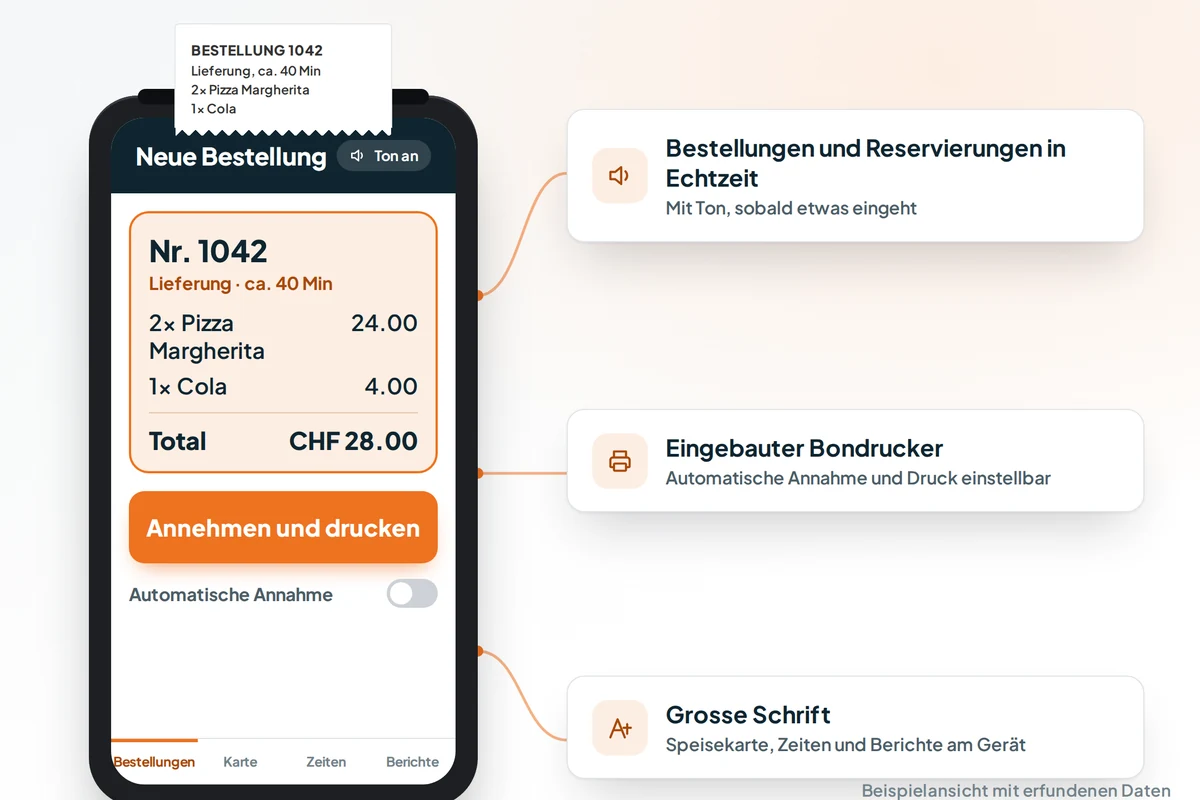 Bestell-Terminal für die Gastronomie: neue Bestellung mit Ton und Bon vom eingebauten Bondrucker