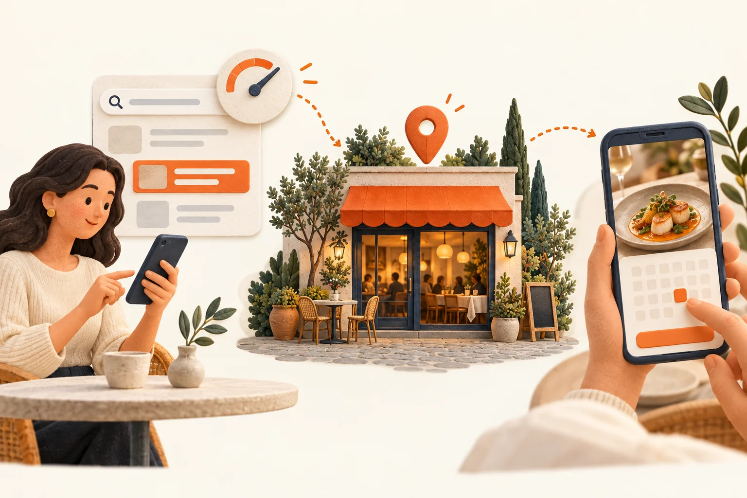 Illustration einer Restaurant-Suchanzeige mit dem Weg zur Speisekarte und Reservierung
