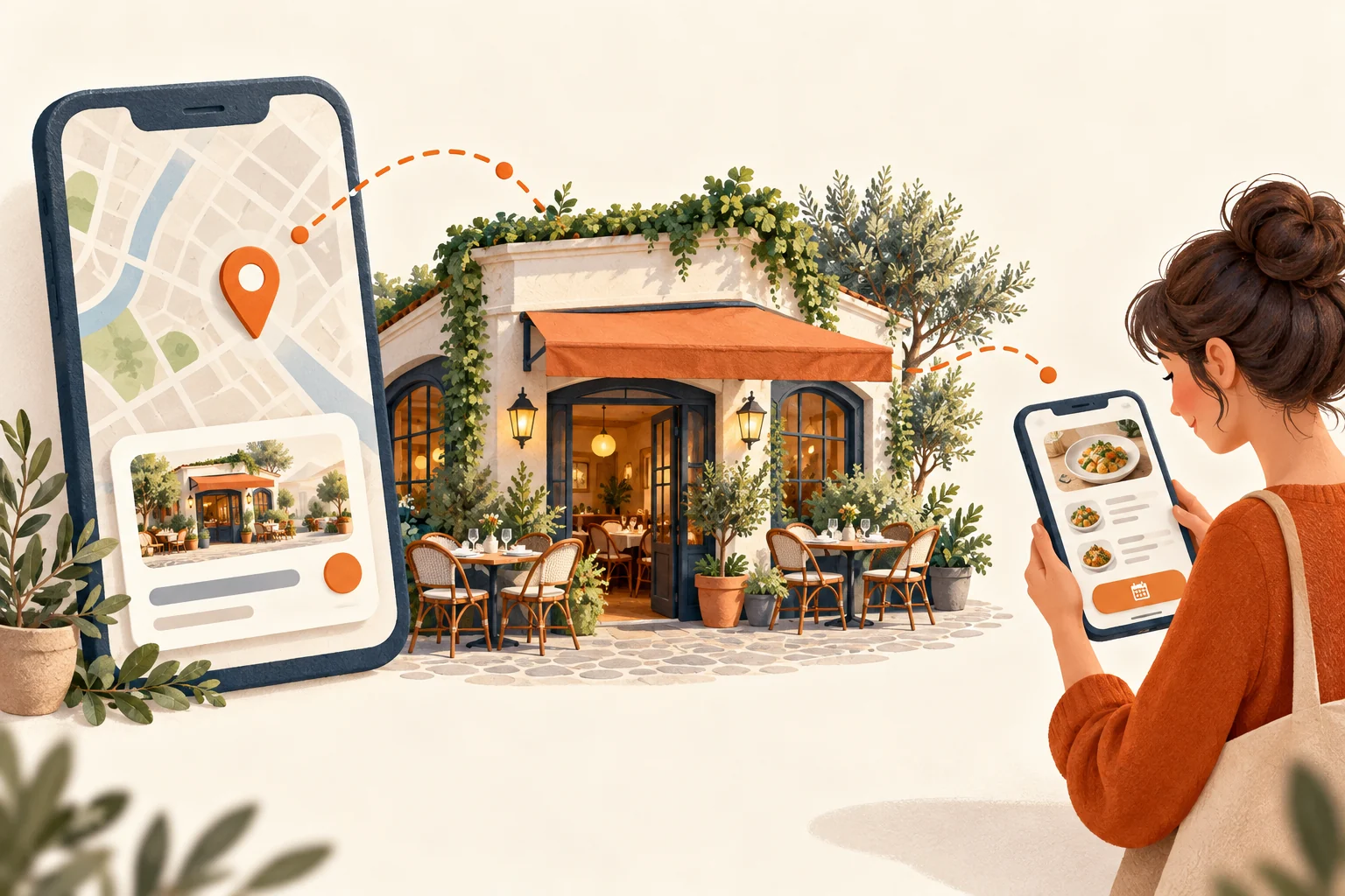 Illustration zur lokalen Suche nach einem Restaurant und dem Weg zur eigenen Website