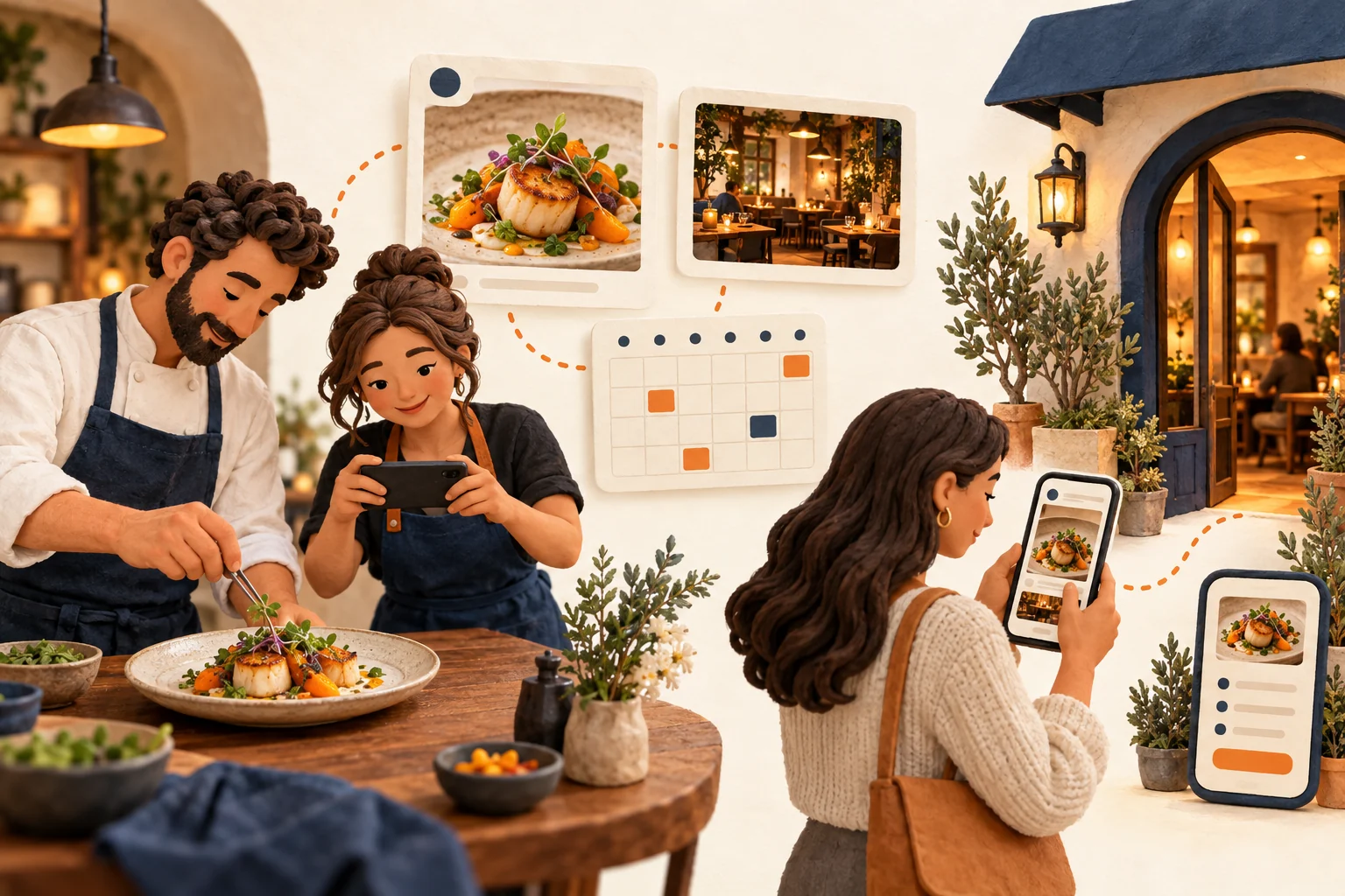 Illustration zur Vorbereitung von Restaurantfotos, Beiträgen und Stories für Social Media