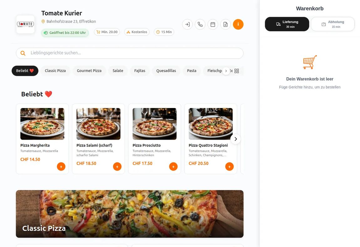Bestellsystem für Restaurants: eigener Bestellshop von Tomate Kurier in Effretikon mit Speisekarte, Lieferung und Abholung