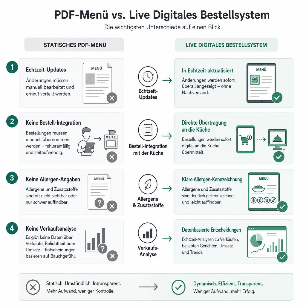 Vergleich: statisches PDF vs. interaktive digitale Speisekarte mit Funktionalitäten